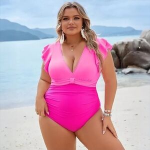 NWT Blooming Jelly Hot Pink Ruffle Cap Sleeve V-Neck One Piece Swimsuit Plus 3XL